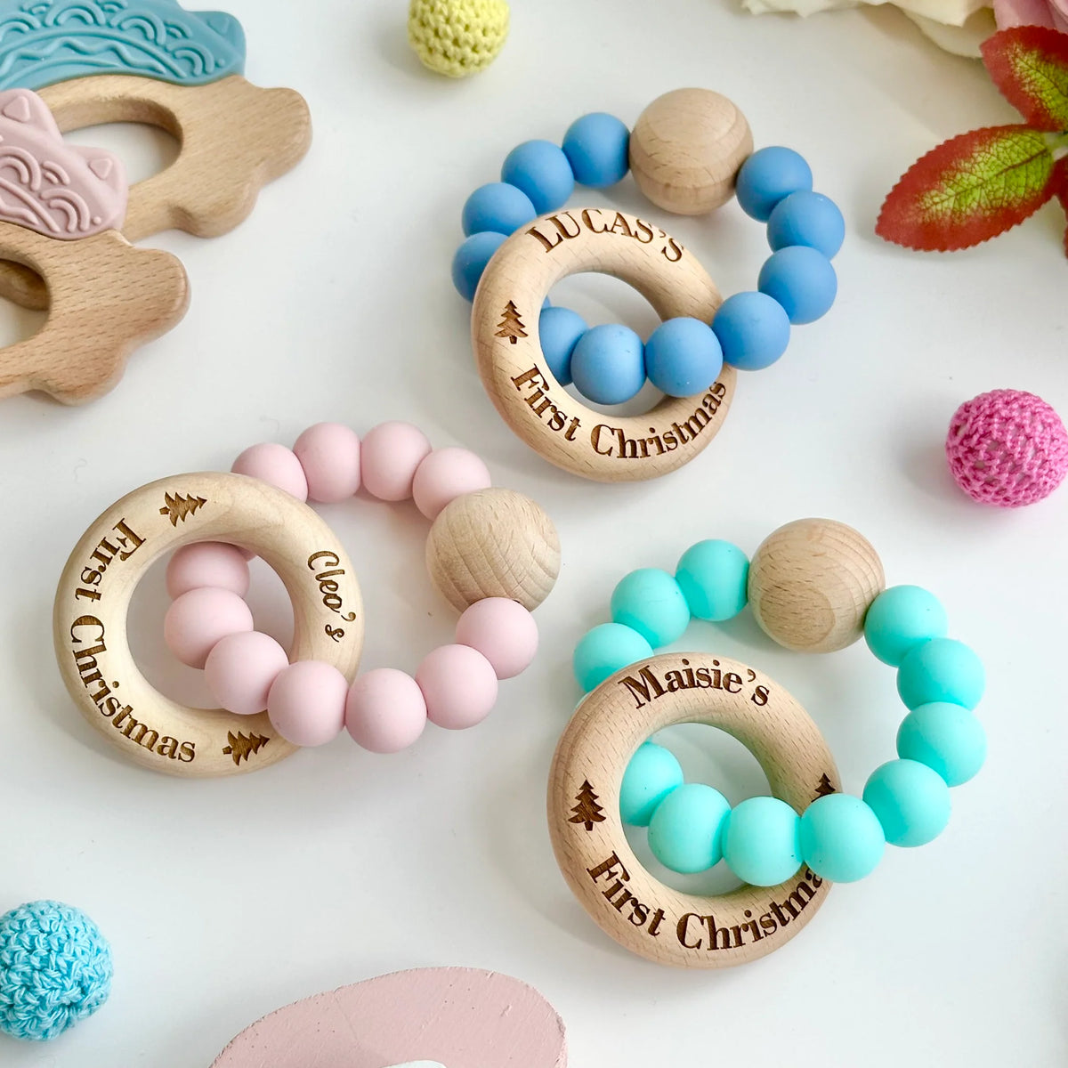 CMC GOLD - FIRST CHRISTMAS Silicone Teether with Personalised Beechwood Ring
