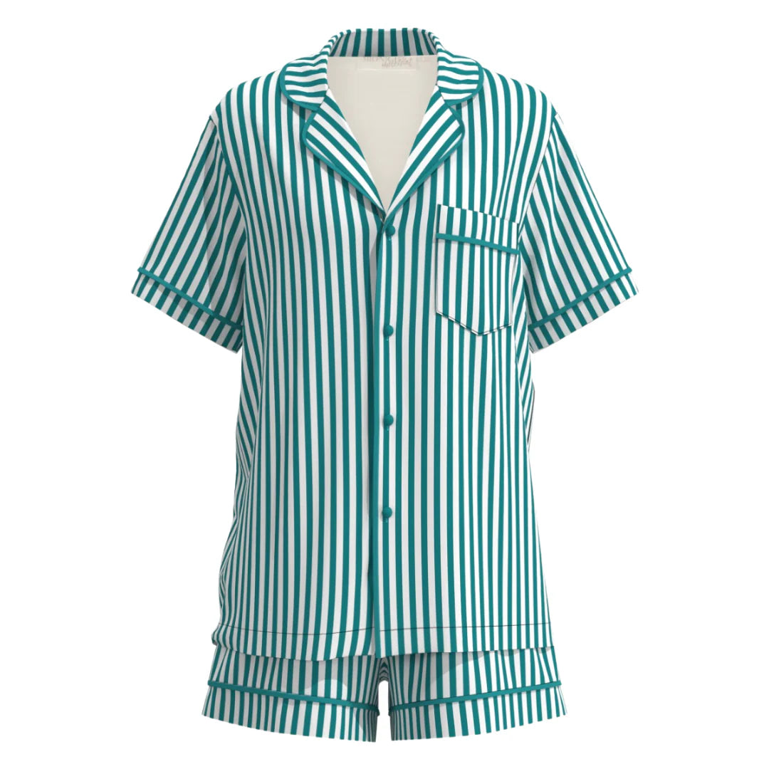 Midnight Mischief - Baby & Kids Luxe Satin Personalised Short Sleeve Pyjama Set | Green/White Stripes