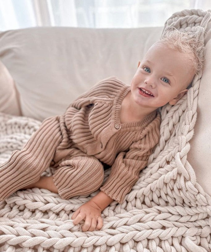 Button Ribbed Onesie | Beige