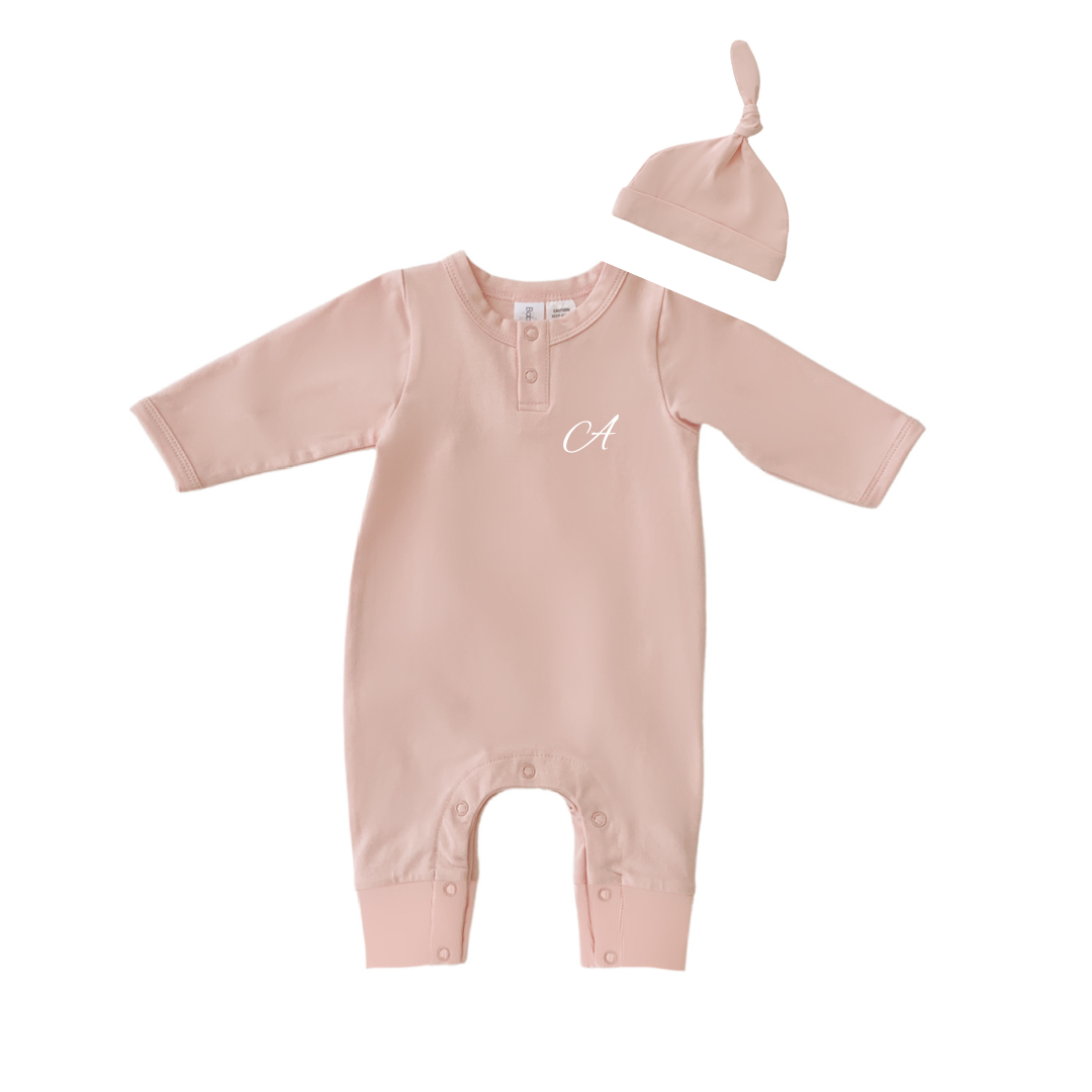 MLW by Design - Personalised Grow Suit and Knotted Beanie Set | Blush Pink *LIMITED EDITION*