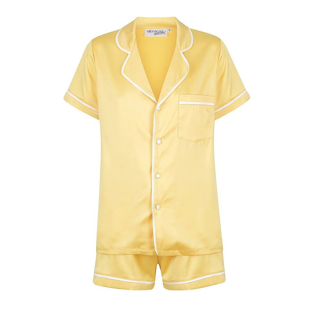 Midnight Mischief - Baby & Kids Luxe Satin Personalised Short Sleeve Pyjama Set | Yellow & White