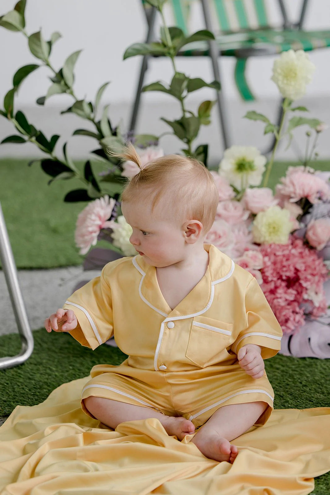 Midnight Mischief - Baby & Kids Luxe Satin Personalised Short Sleeve Pyjama Set | Yellow & White