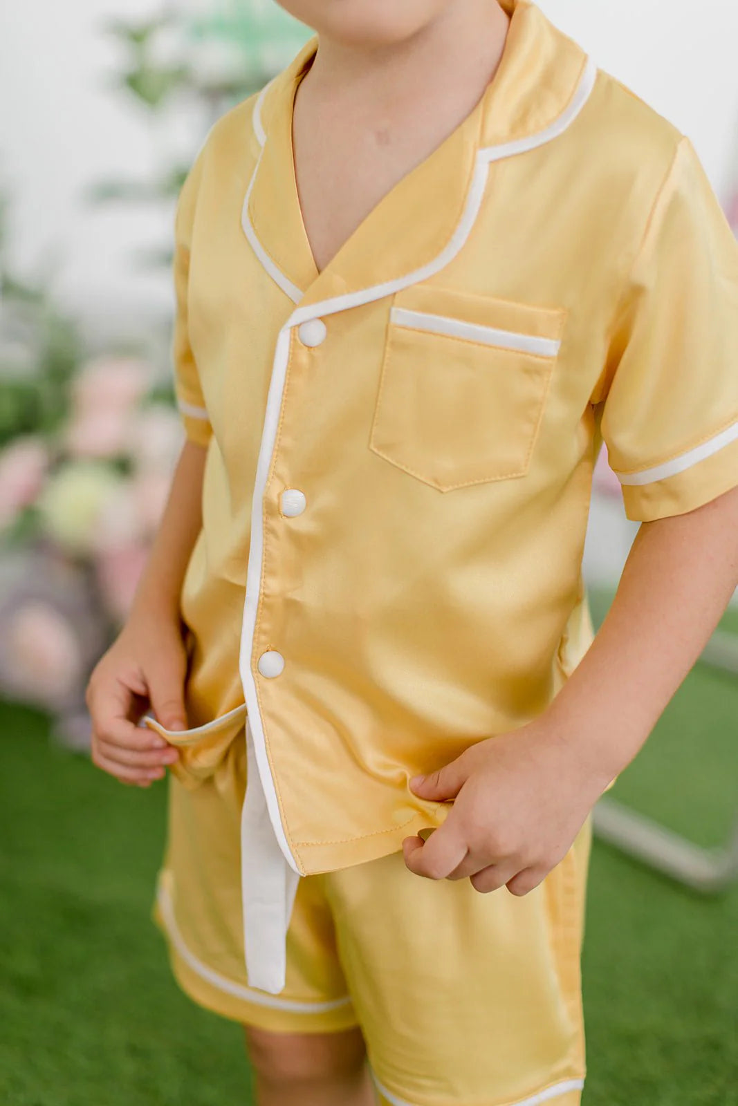 Midnight Mischief - Baby & Kids Luxe Satin Personalised Short Sleeve Pyjama Set | Yellow & White