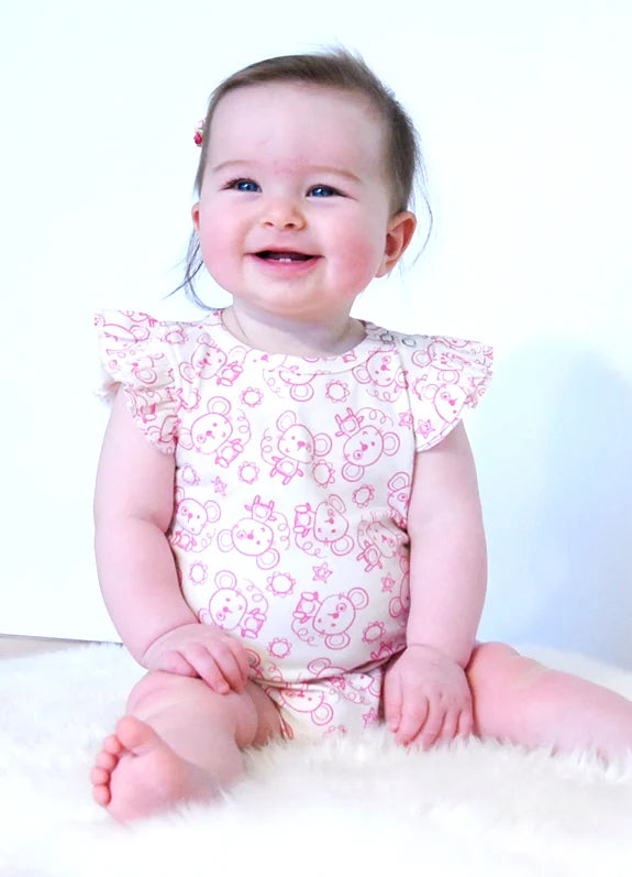 Sparkle Creative - Milk Cotton Frill Sleeve Jumpsuit | Pink Mouse Print
