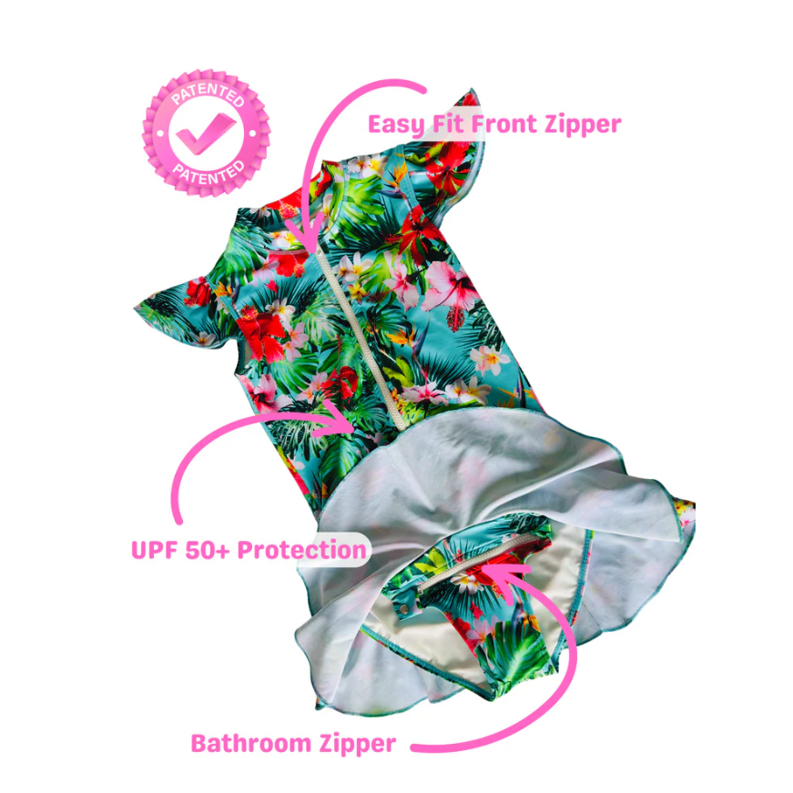 ZipMAE Swimwear - Girls Cap Sleeve Swim Suit | Tropical Twist