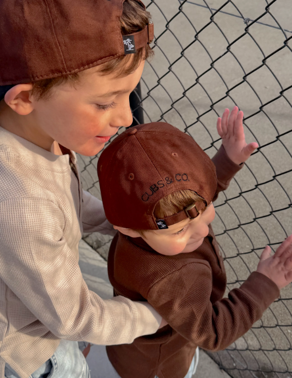 Cubs & Co - PERSONALISED CHOCOLATE BROWN CAP W/ INITIALS | ATHLETIC FONT VARIOUS COLOURS
