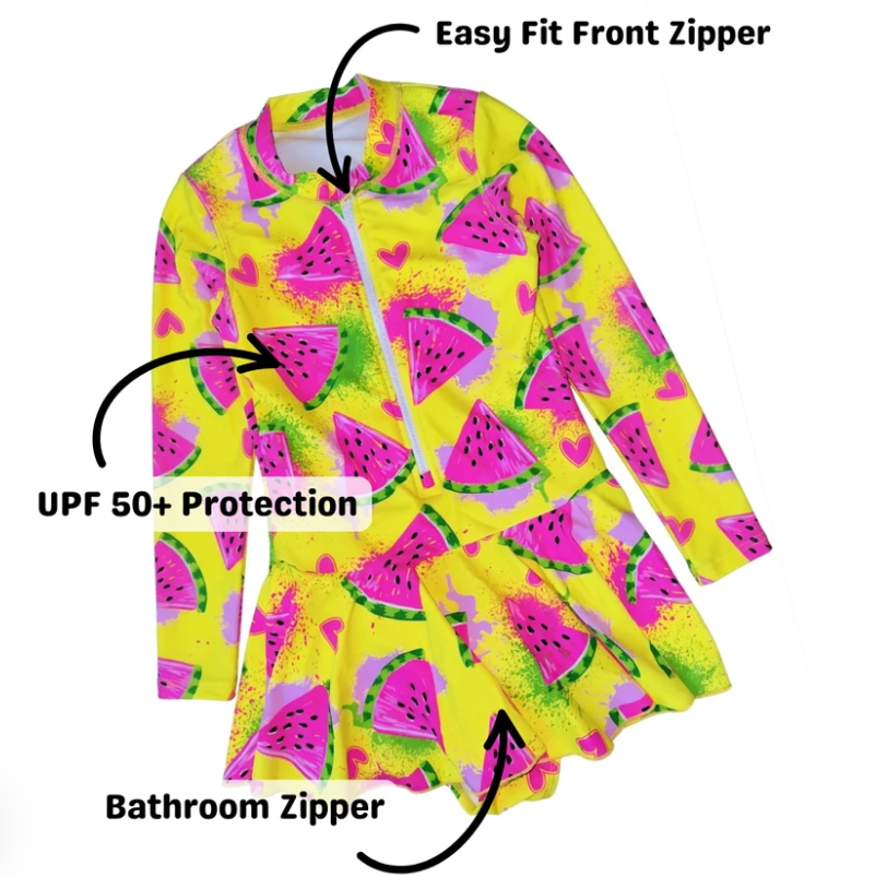 ZipMAE Swimwear - Girls Long Sleeve Swim Suit | Melon Mania