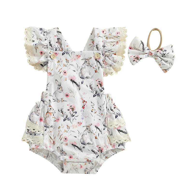 Cross Back Easter Romper | Floral Bunny