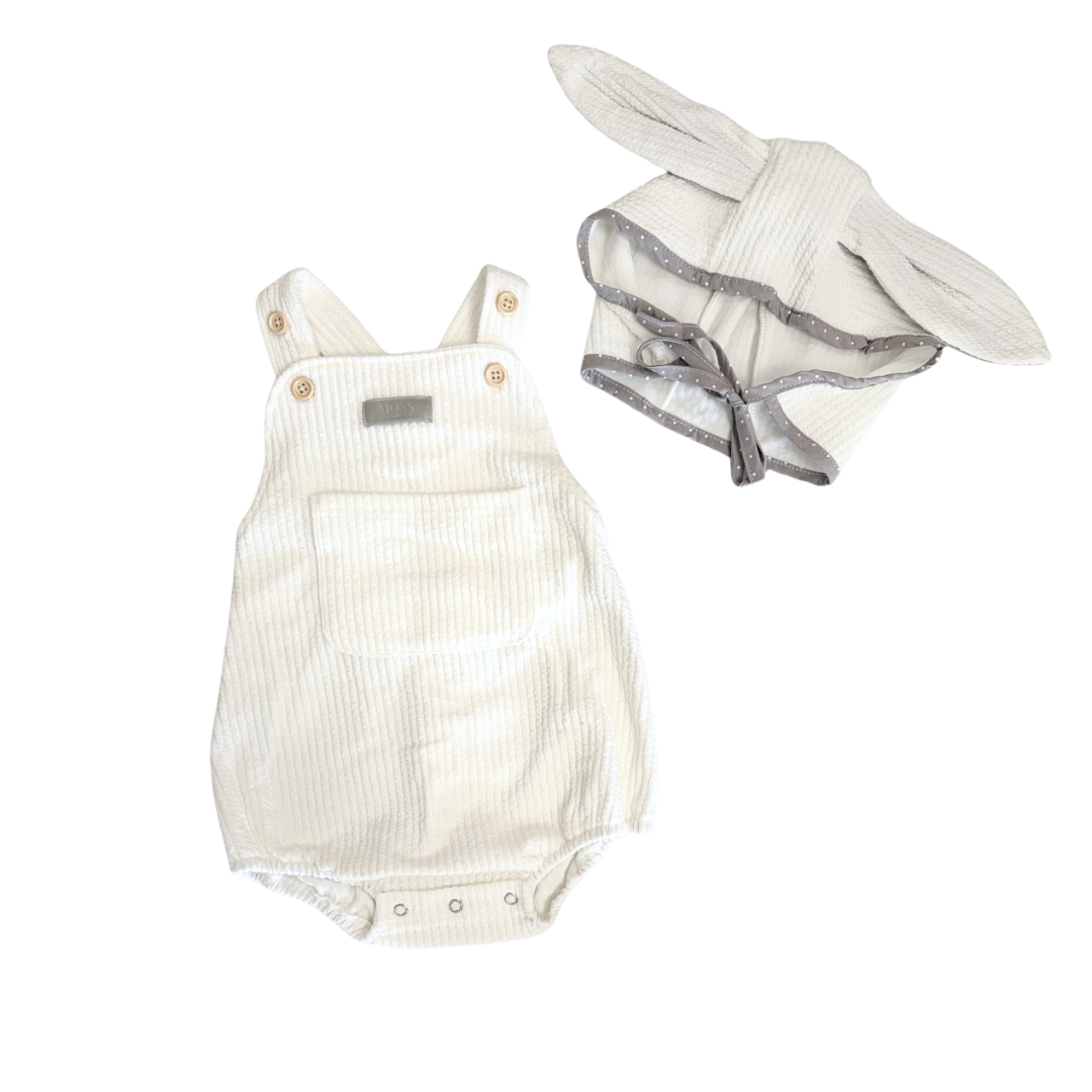 Moss Kids - White Cross Romper with Matching Bunny Ears Bonnet (CLEARANCE)