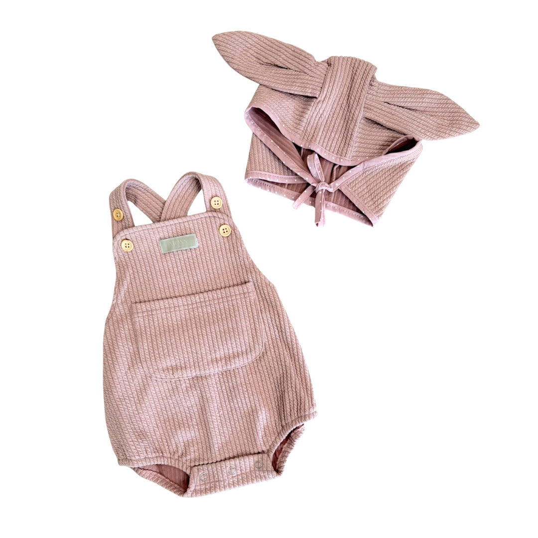 Moss Kids - Pink Cross Romper with Matching Bunny Ears Bonnet (CLEARANCE)