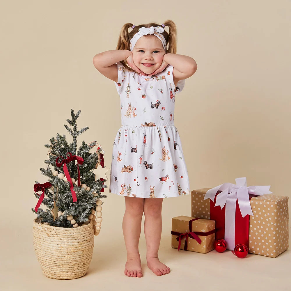 Snuggle Hunny Kids - Christmas Pups Short Sleeve Organic Dress