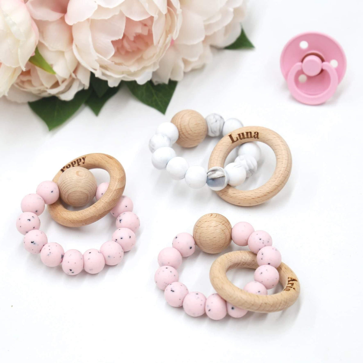 CMC GOLD - Silicone Teether with Personalised Beechwood Ring
